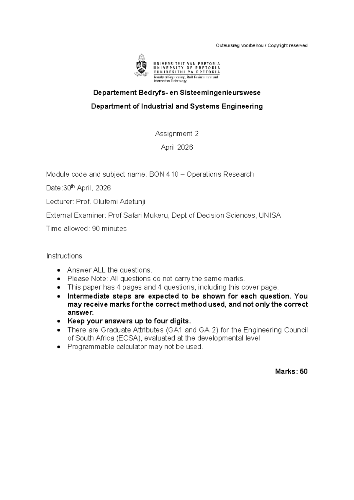BON 410 Assignment 2: Operations Research Questions - April 2026 - Studocu