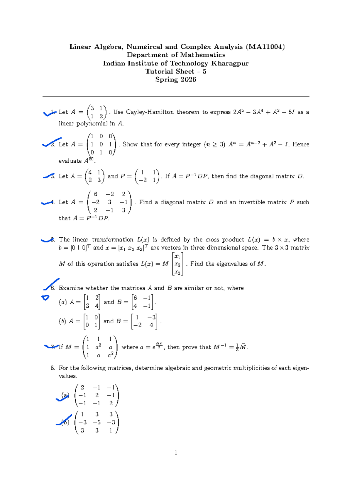 Tutorial Sheet 5: Linear Algebra & Complex Analysis (MA11004) - Studocu
