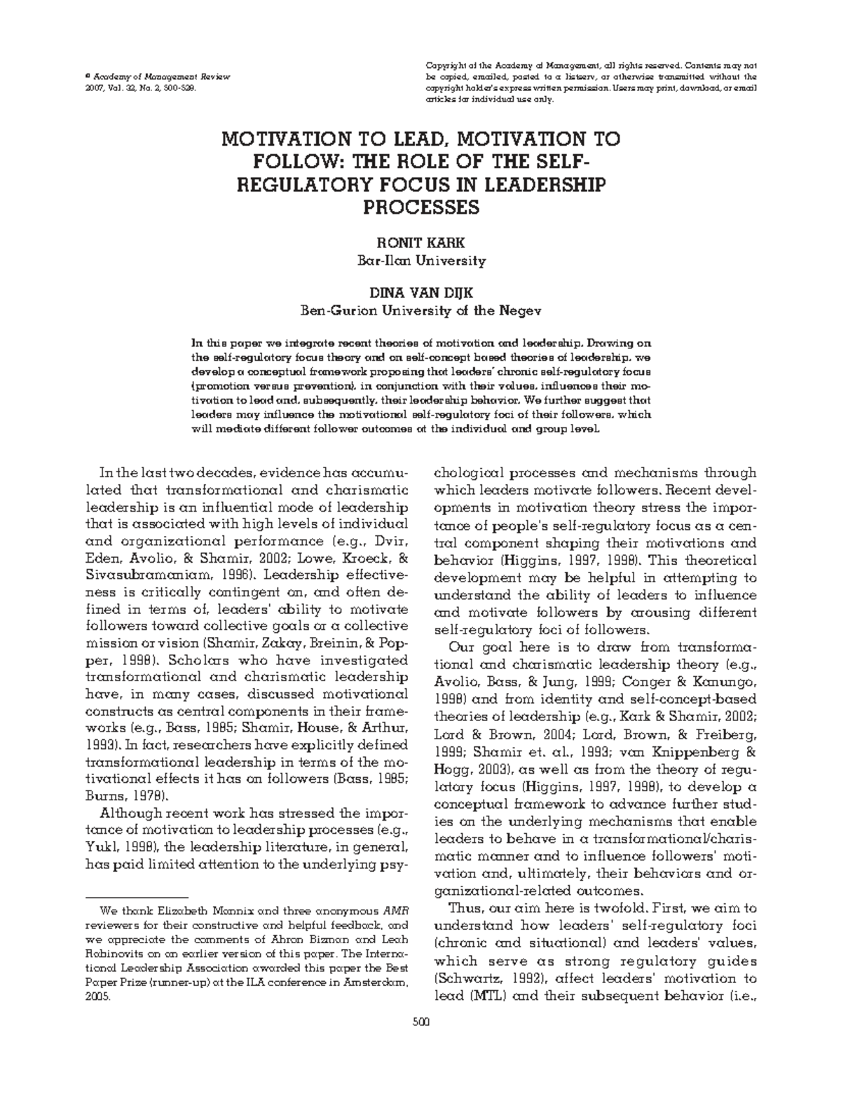Motivation to Lead and Follow: Regulatory Focus in Leadership Processes ...