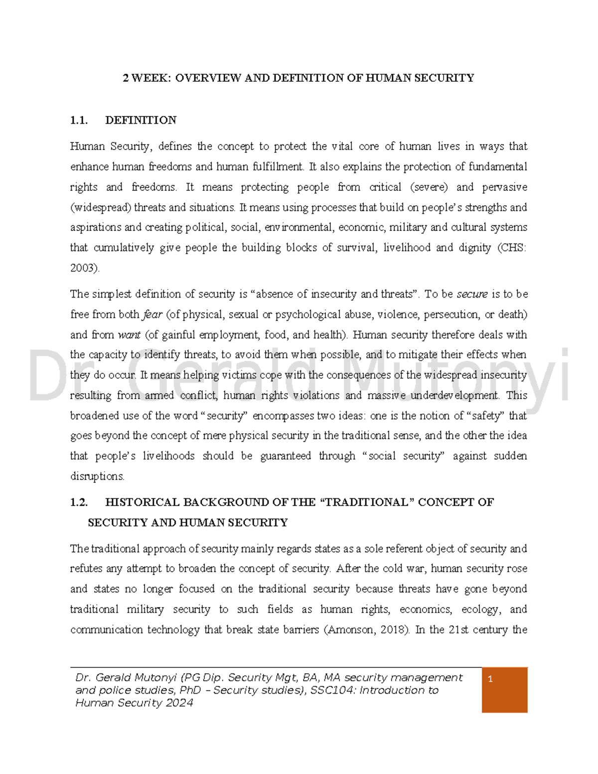 SSC104: 2-Week Overview of Human Security Concepts and Definitions ...