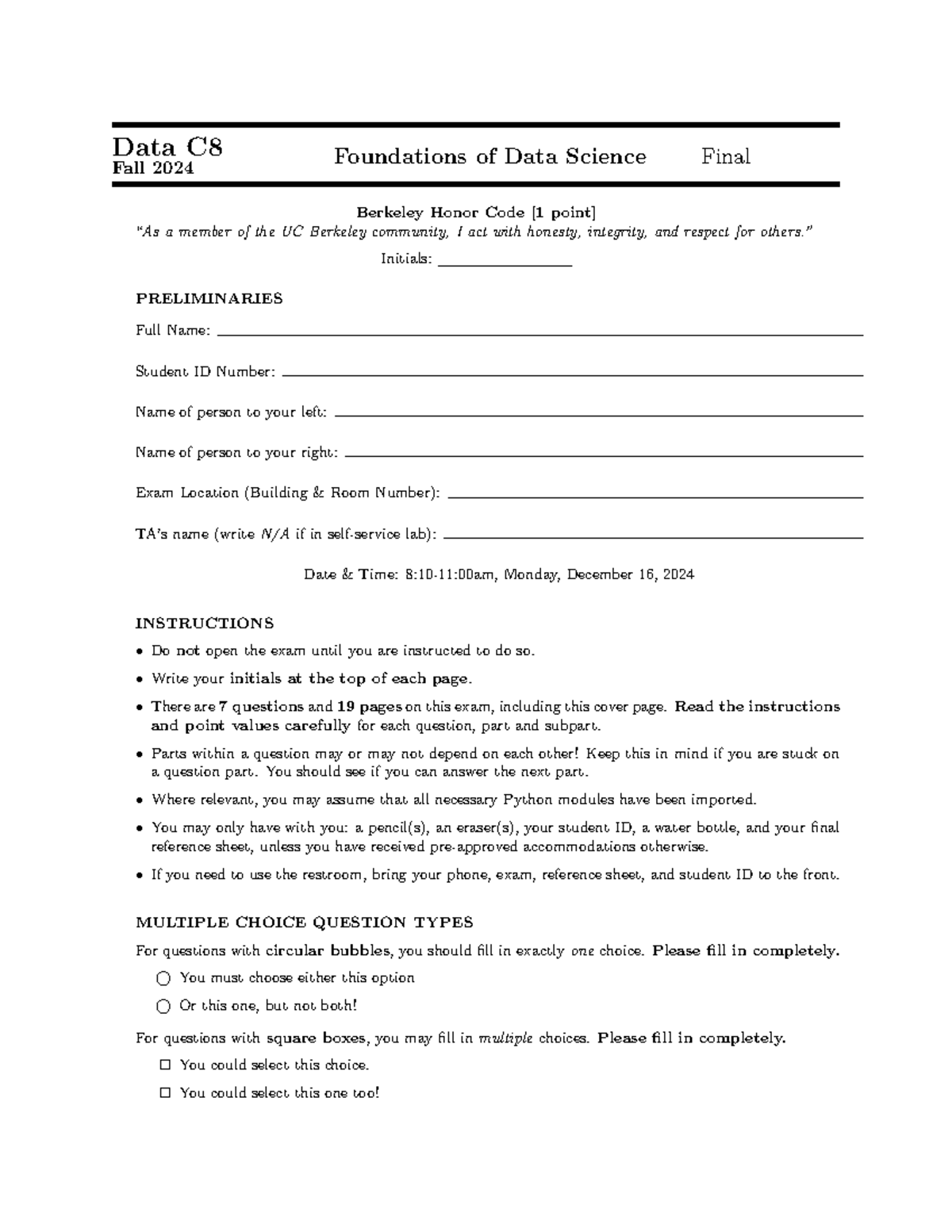 Data 8 C8 Foundations of Data Science Fall 2024 Final Exam - Studocu
