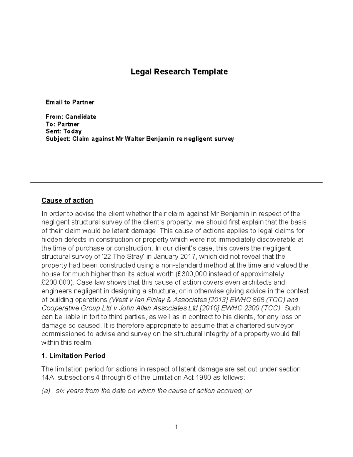 Legal Research Template: Claim Against Mr. Walter Benjamin - Studocu