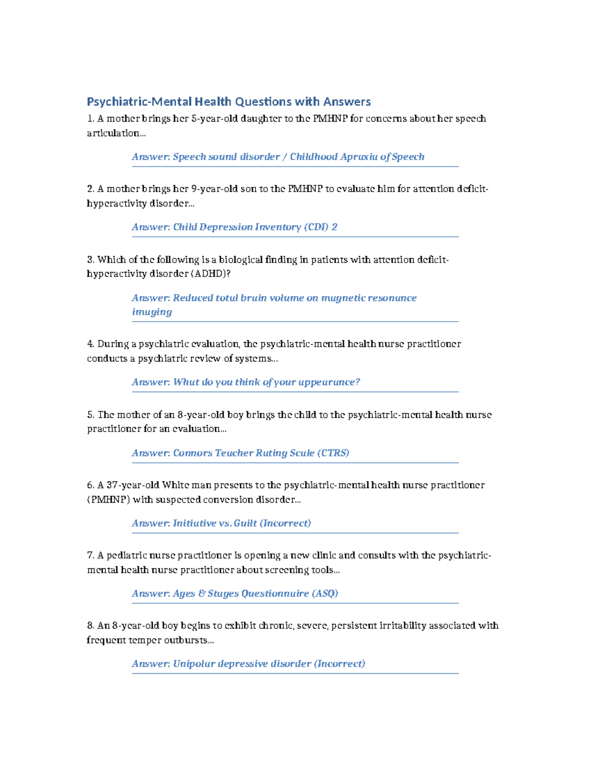 PMHNP Health Questions & Answers: Key Insights and Evaluations - Studocu
