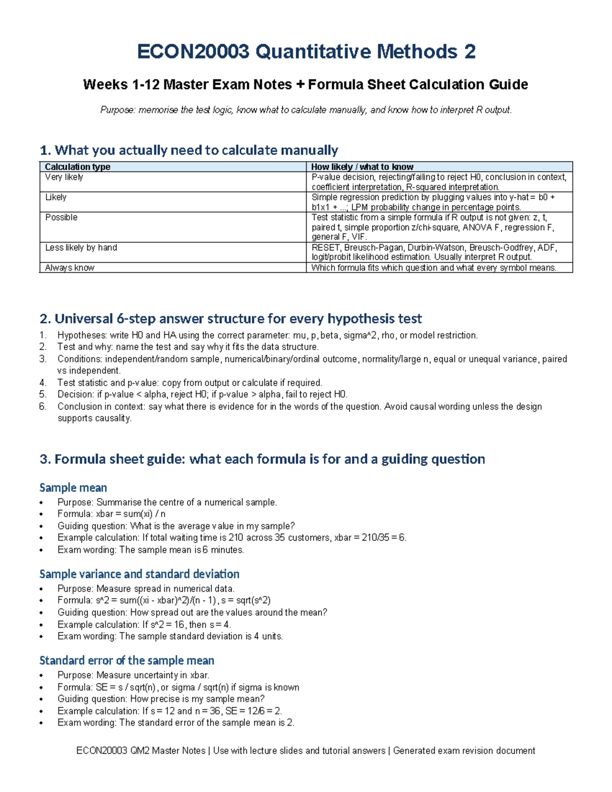 QM2 Weeks 1-12 Master Exam Notes & Formula Calculation Guide - Studocu