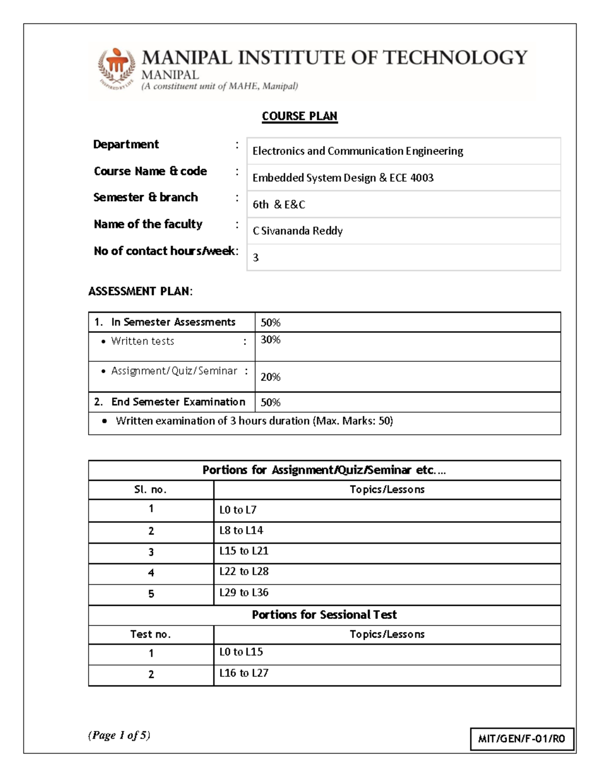 Course Plan Embedded System Design ECE 4003 - COURSE PLAN Department ...