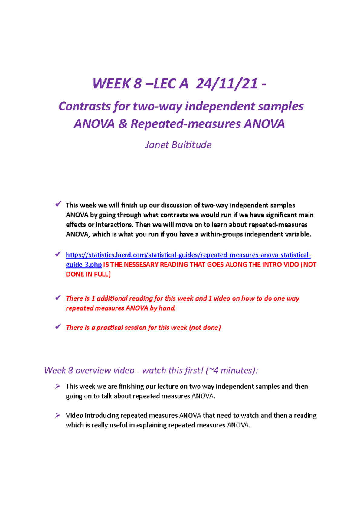 Week 8 Lecture Notes (A+B): Complex ANOVA Contrasts & Repeated Measures ...