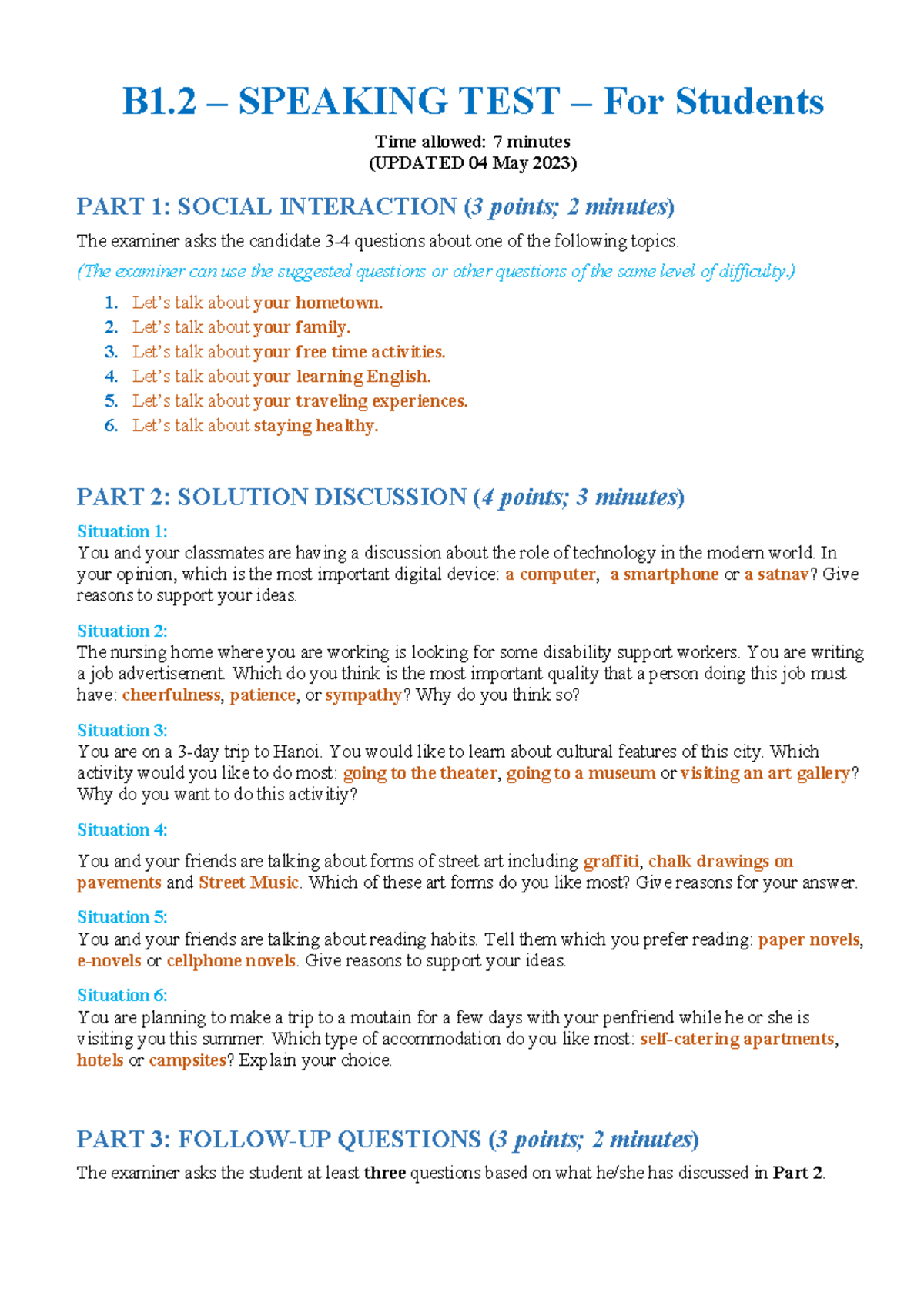 B1.2 - Speaking TEST Format - Student Guidelines and Scenarios - Studocu