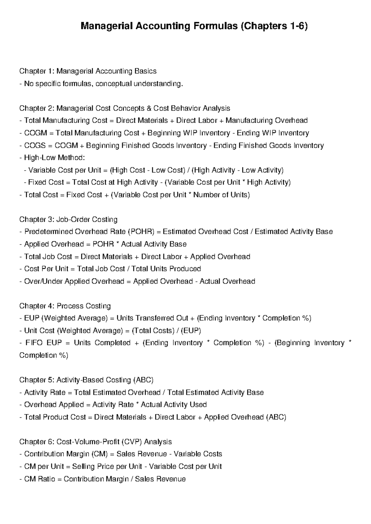 Managerial Accounting Formulas Chapter 2 Managerial Cost Concepts