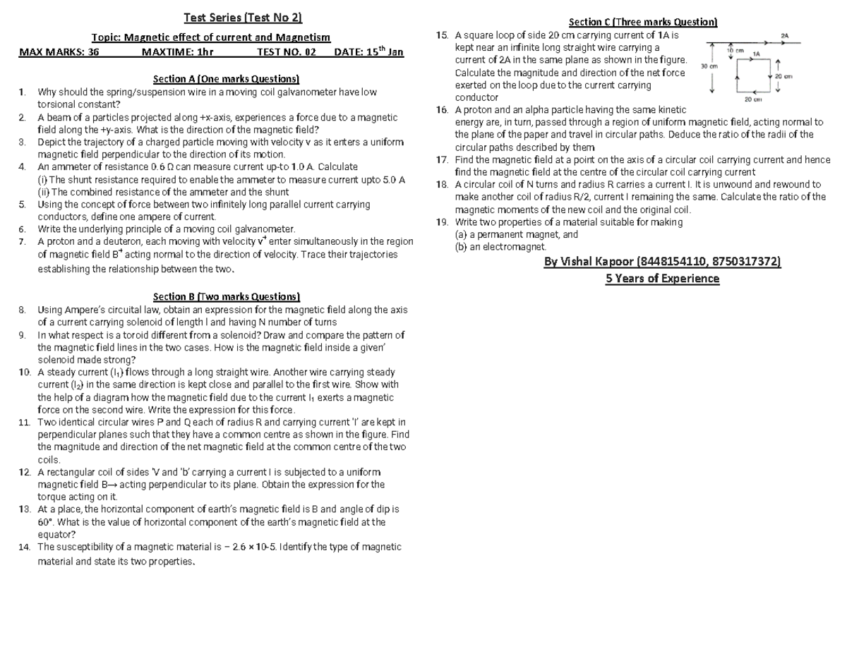 Magnetic effect of current and magnetism - 02 DATE: 15 th Jan Section A ...