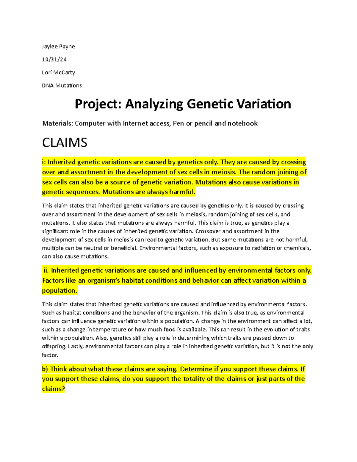 DNA Mutations Project: Analyzing Genetic Variation Claims and Evidence ...