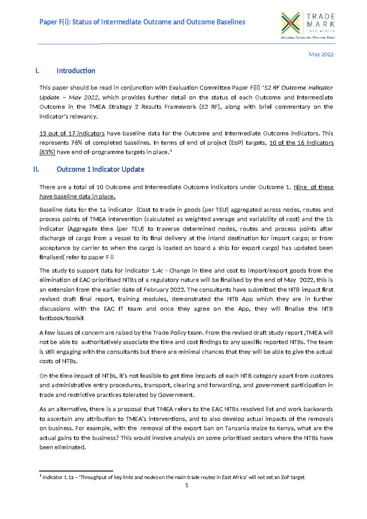 Paper F(i): Baseline Update on Intermediate Outcomes - May 2022 - Studocu