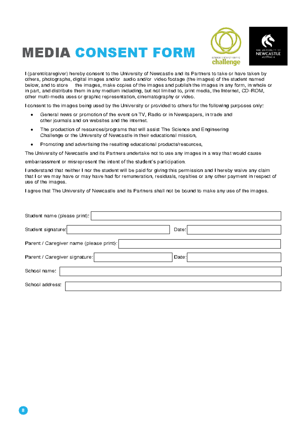 Media Consent Form - 8 MEDIA CONSENT FORM I (parent/caregiver) hereby ...