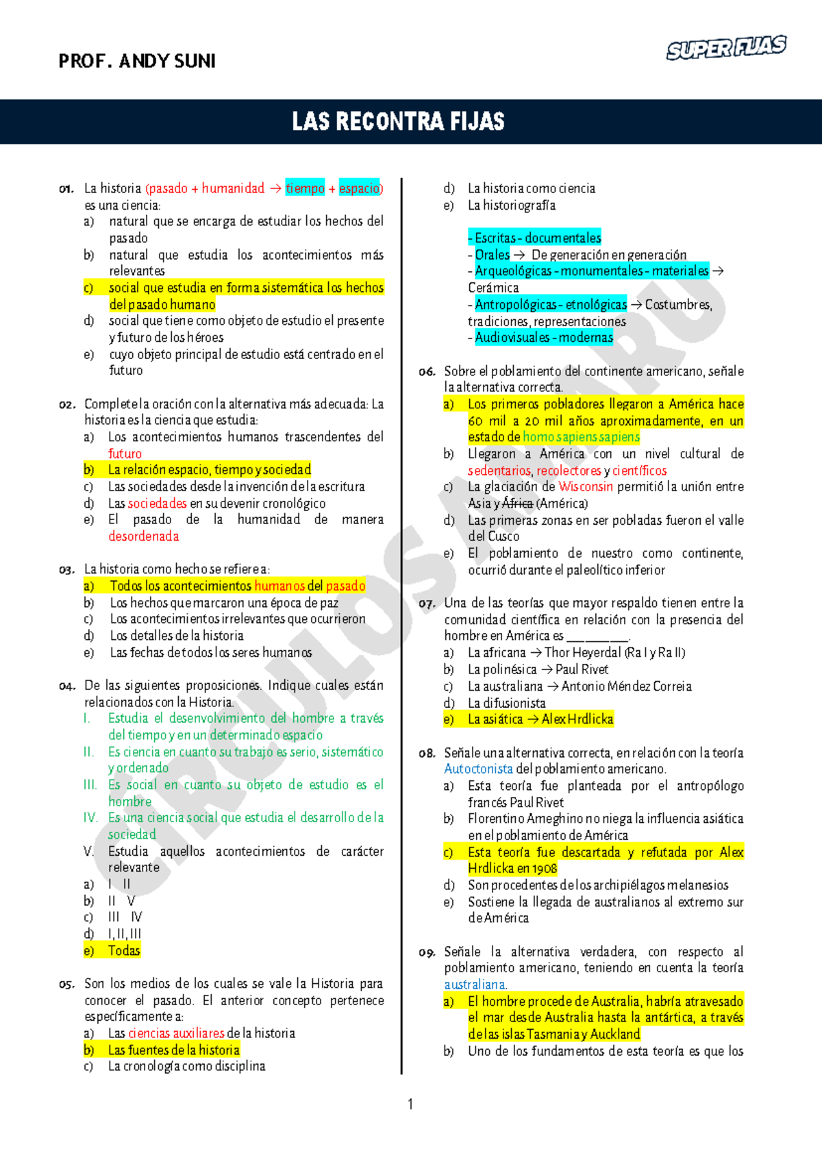 PROF. ANDY SUNI Fijas de Historia: Exámenes y Teorías sobre el Pasado - Document Preview