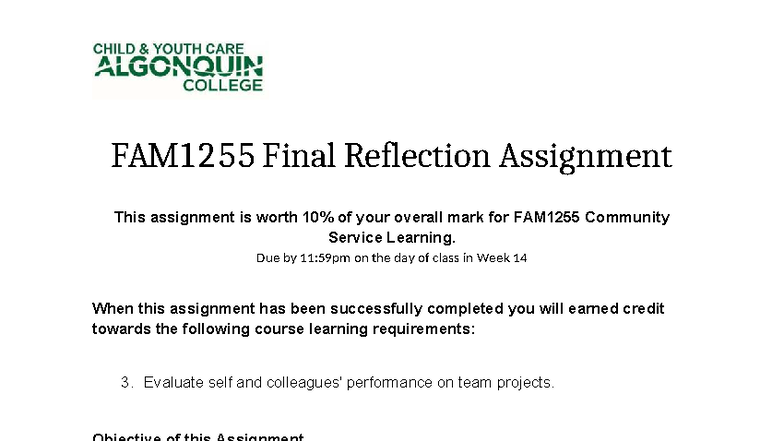 FAM1255 Community Service Learning Final Reflection Assignment - Studocu