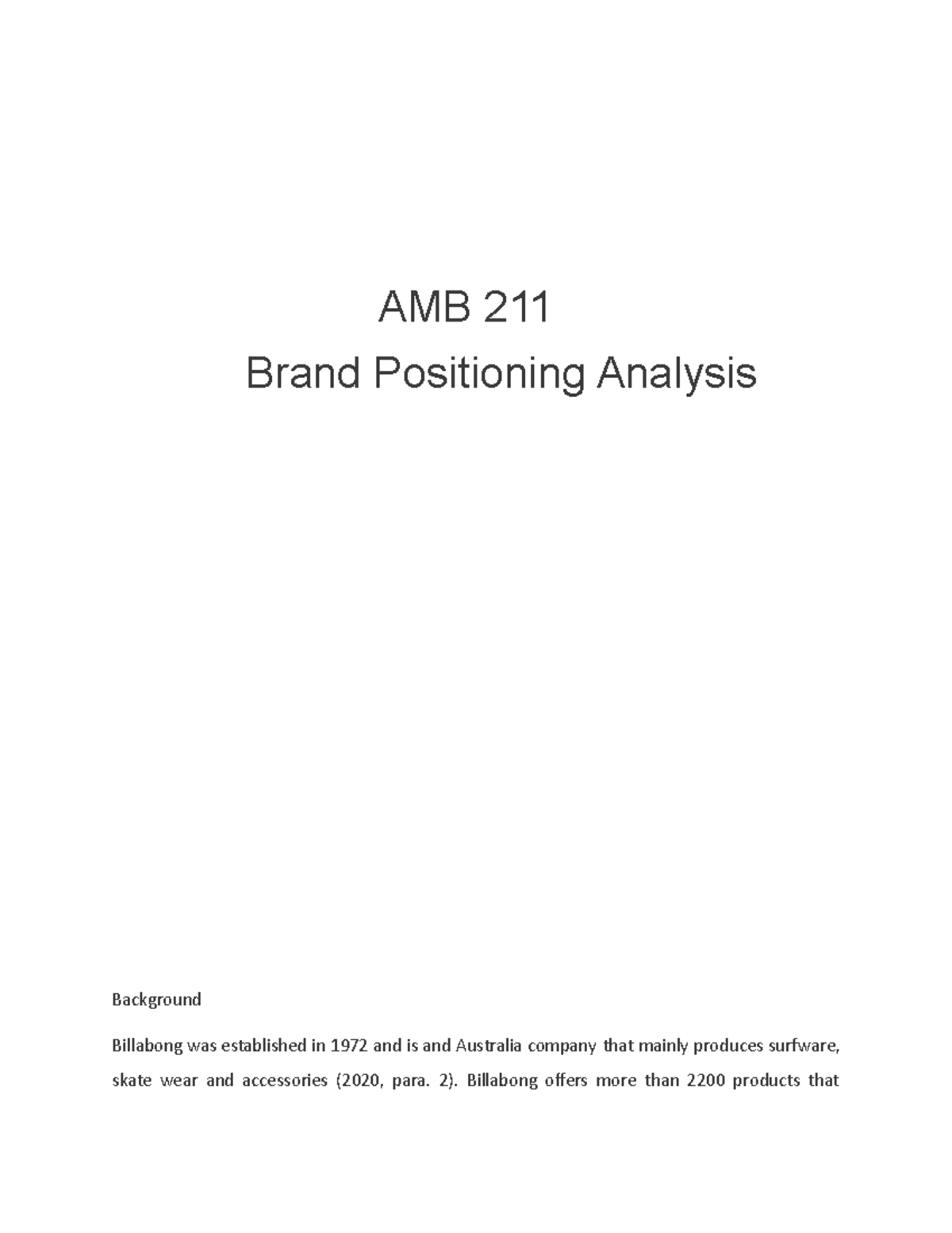 AMB 211 Brand Positioning Analysis: Billabong Case Study - Studocu