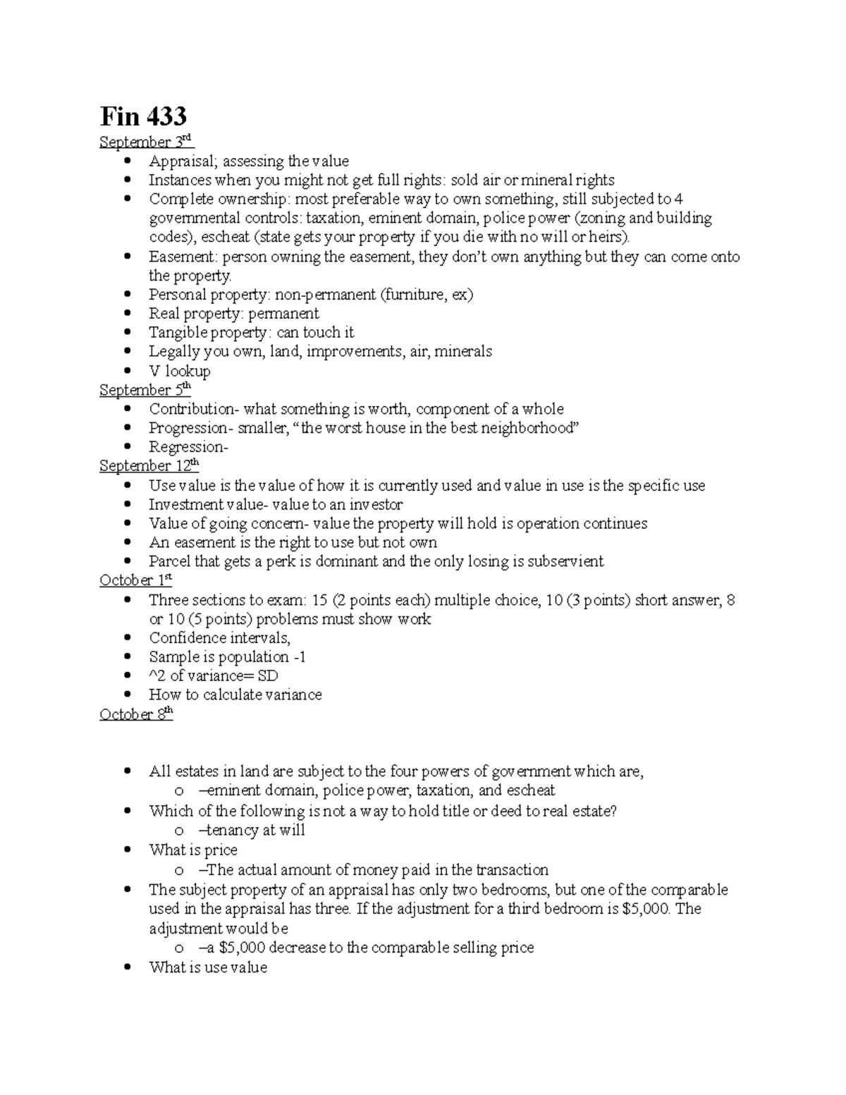 Fin 433 Lecture Notes: Key Concepts in Property Valuation and Rights ...