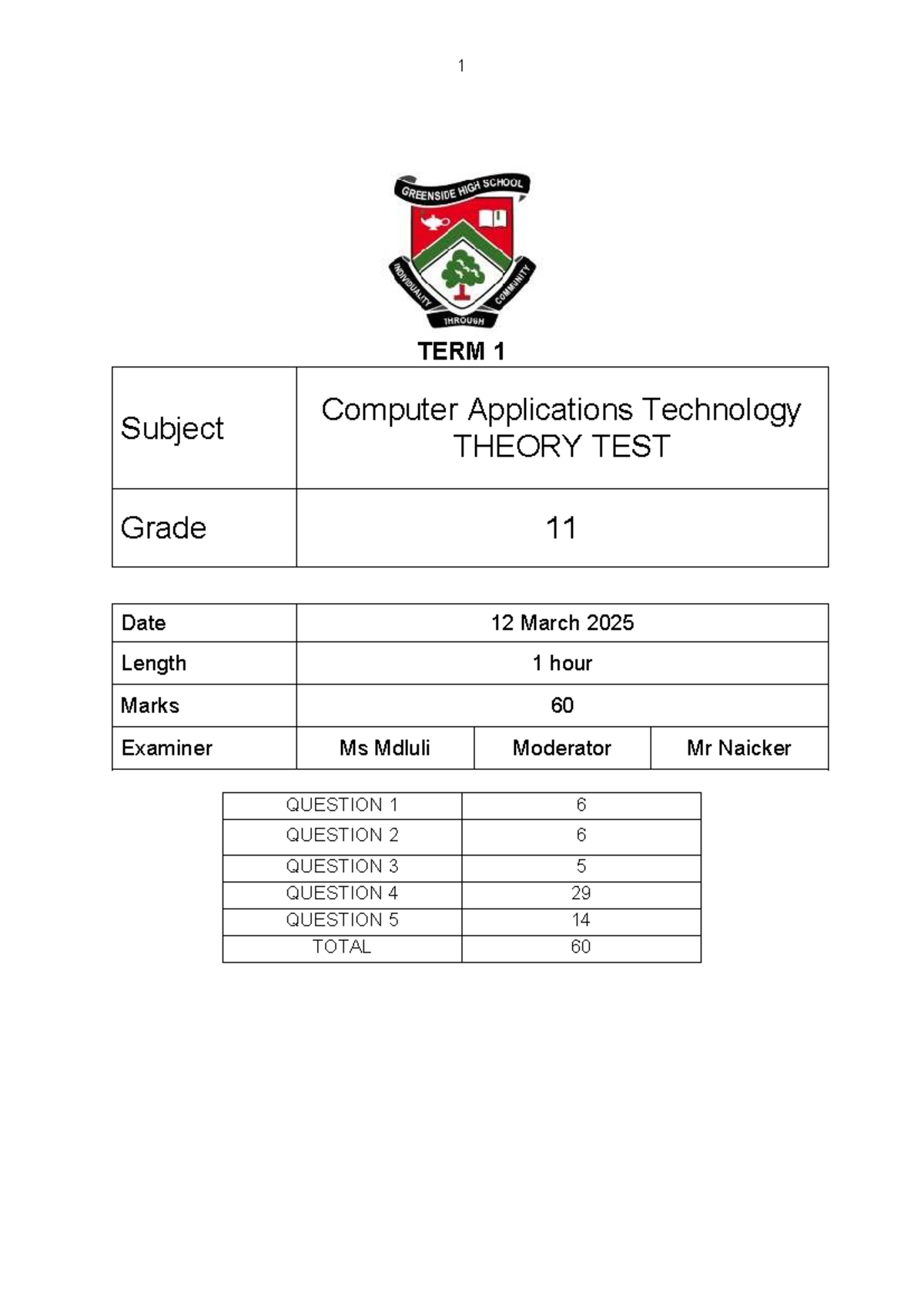 Grade 11 Computer Applications Technology Term 1 Theory Test Paper ...