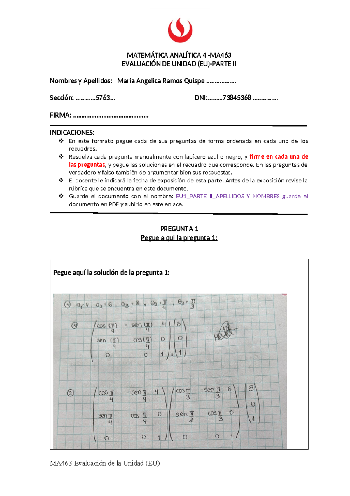 MATEMÁTICA ANALÍTICA 4 EVALUACIÓN DE UNIDAD II - Formato de Entrega ...