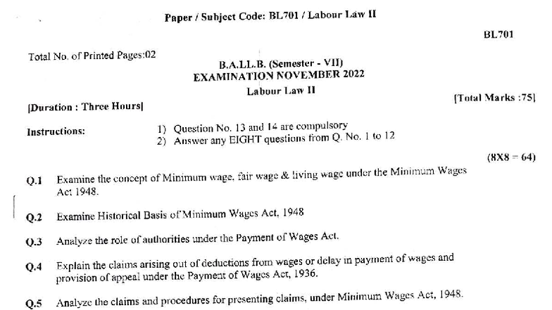 BALLB Sem VII Nov 2022 Labour Law II Exam Paper - Studocu