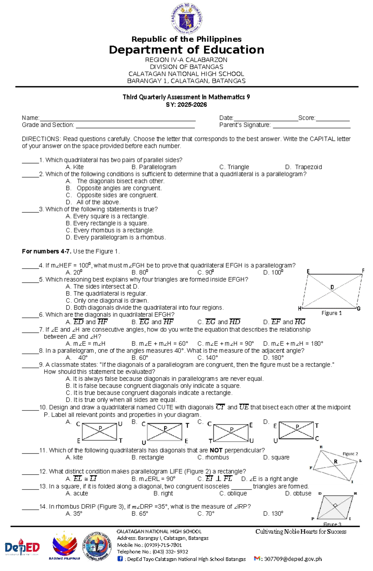 G9 Math 9 Third Quarterly Assessment 2025-2026 - Studocu