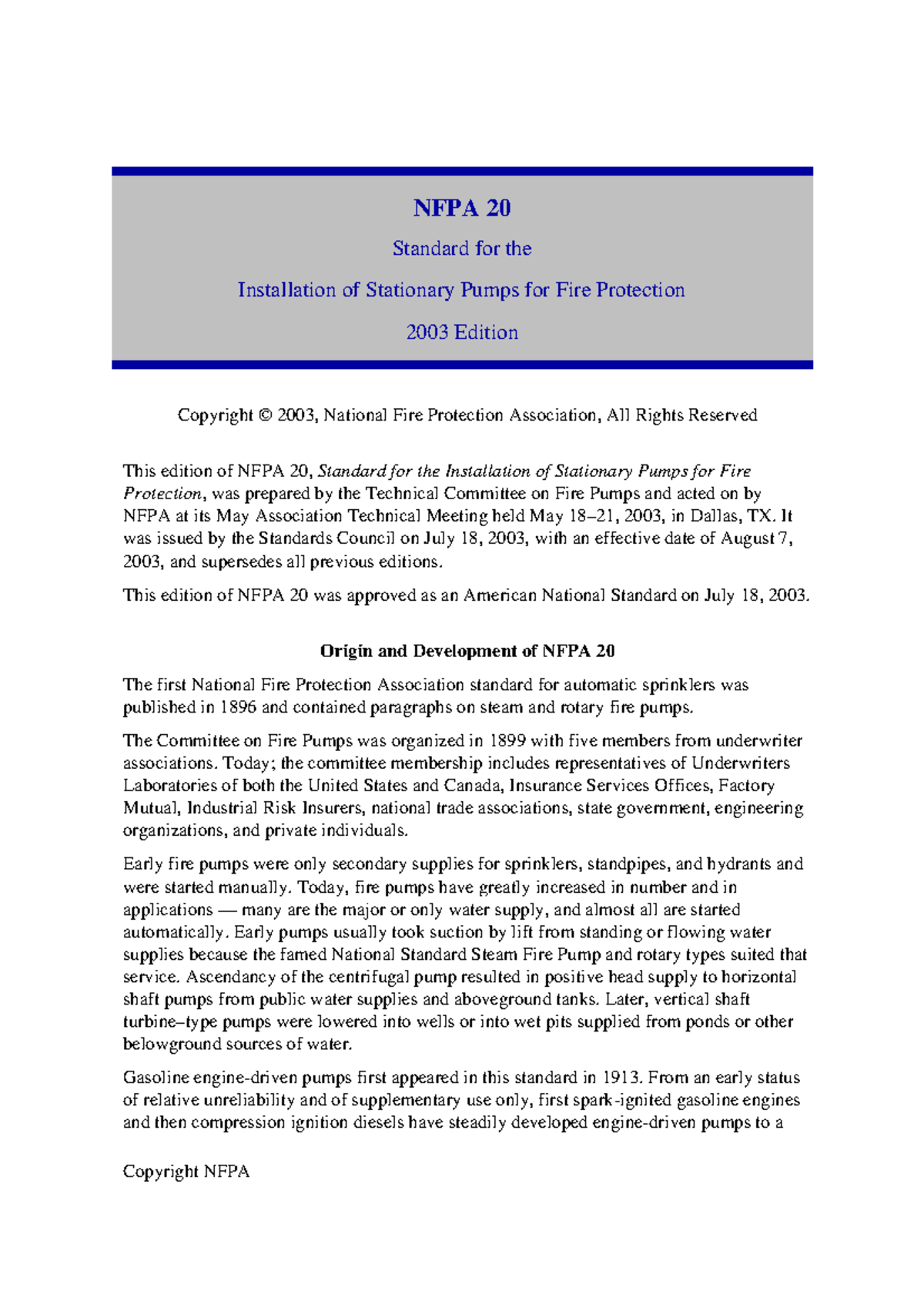 NFPA 20: 2003 Standard for Installation of Fire Protection Pumps - Studocu