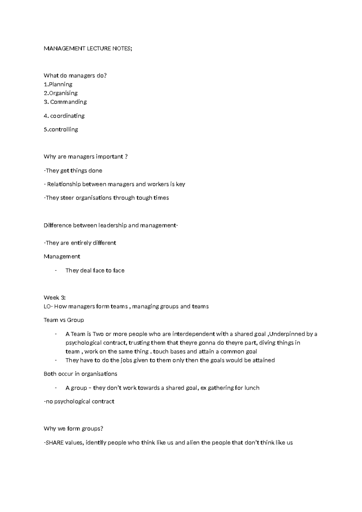 MANAGEMENT LECTURE NOTES: Understanding Team Dynamics and Roles - Studocu
