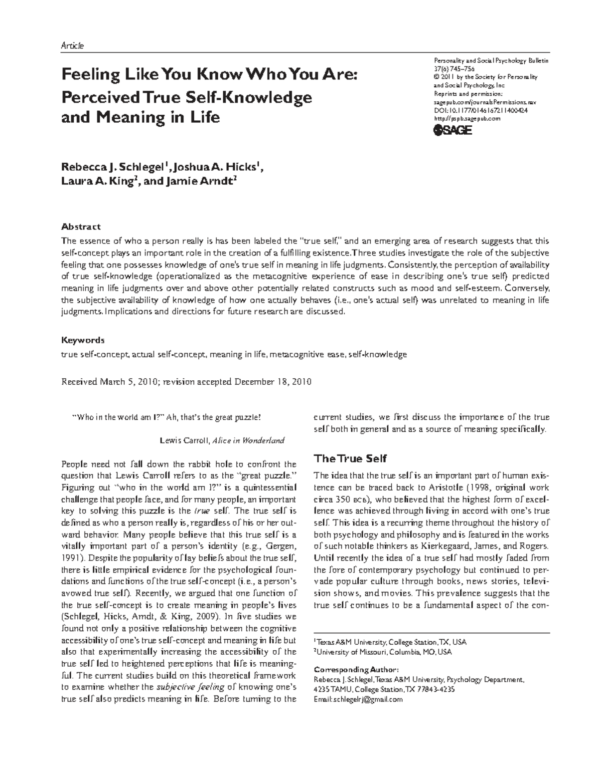 PSY 201 - Article on True Self and Meaning in Life: Insights and ...