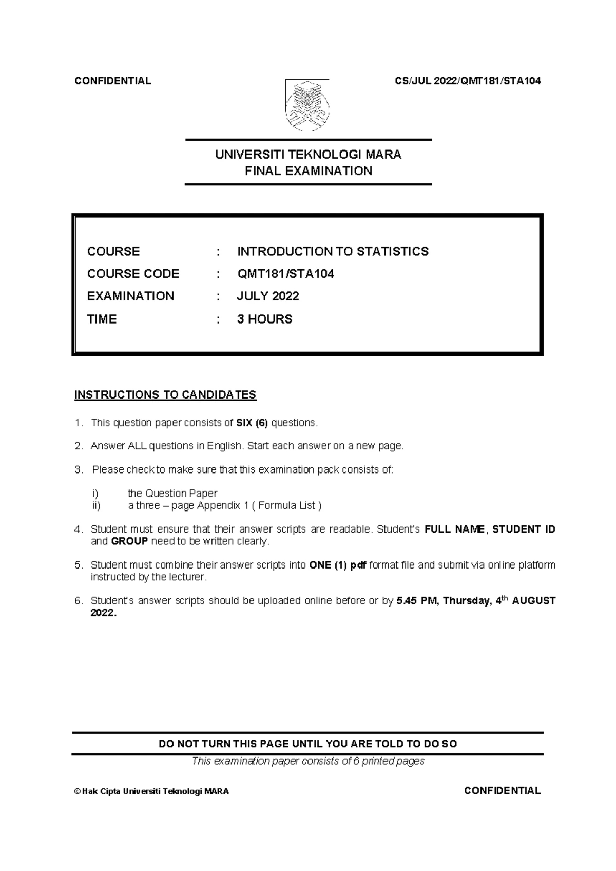 STA104 - Final Exam July 2023: Introduction to Business Statistics ...