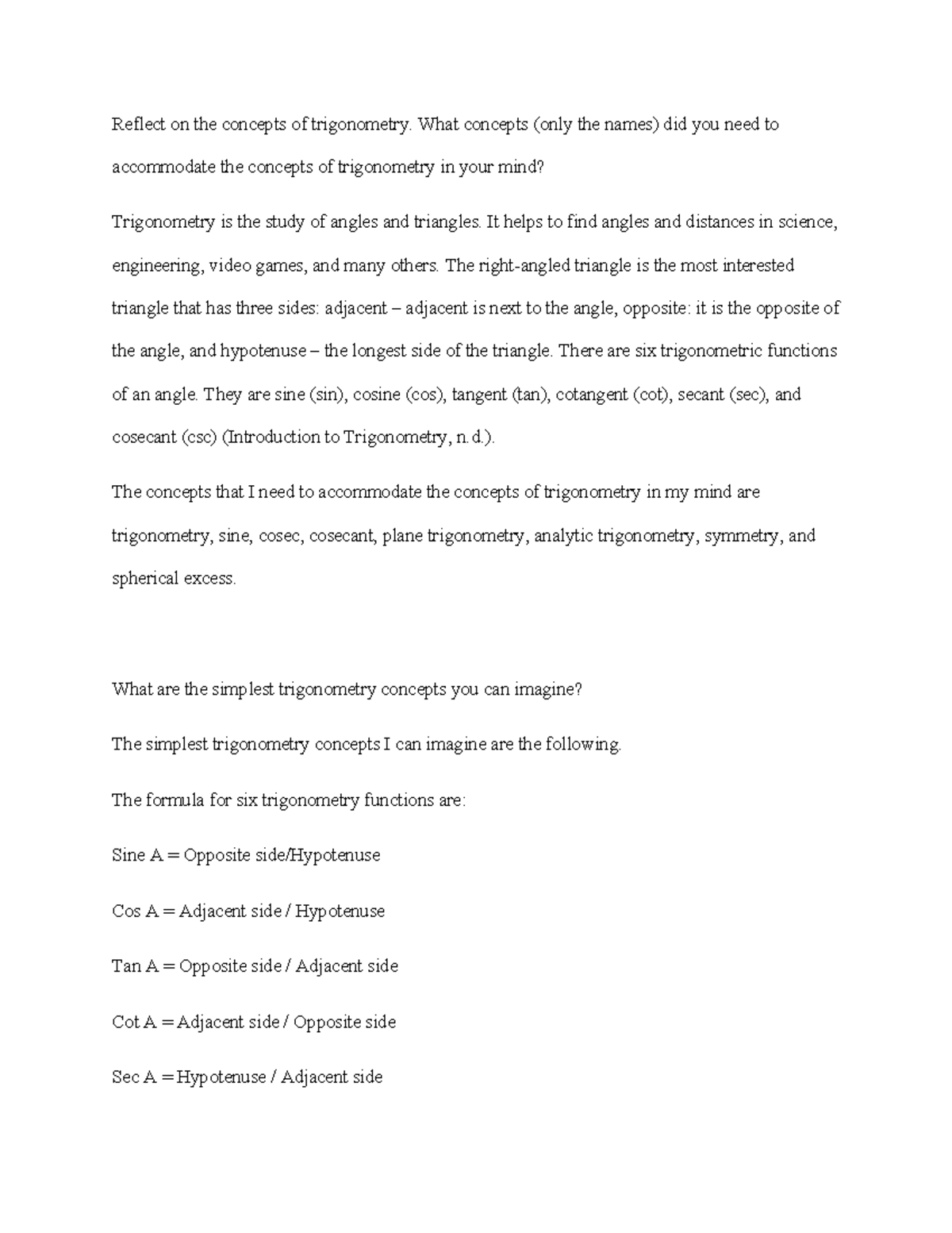 Trigonometry Concepts Reflection - Learning Journal Unit 7 - Studocu