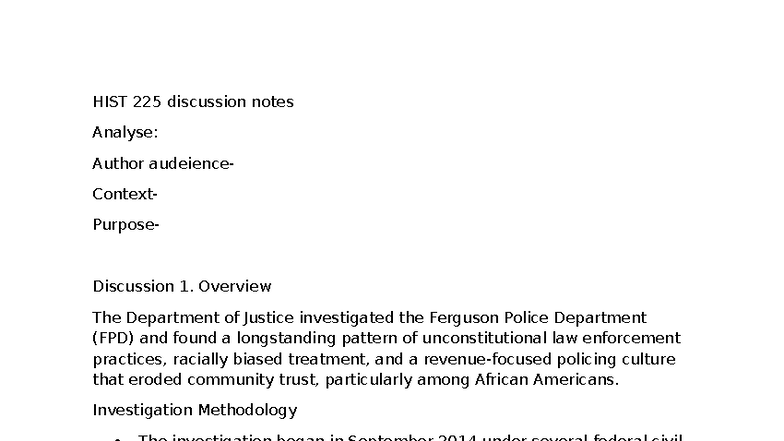HIST 225 Discussion Notes: Ferguson Police Dept. Investigation Analysis ...