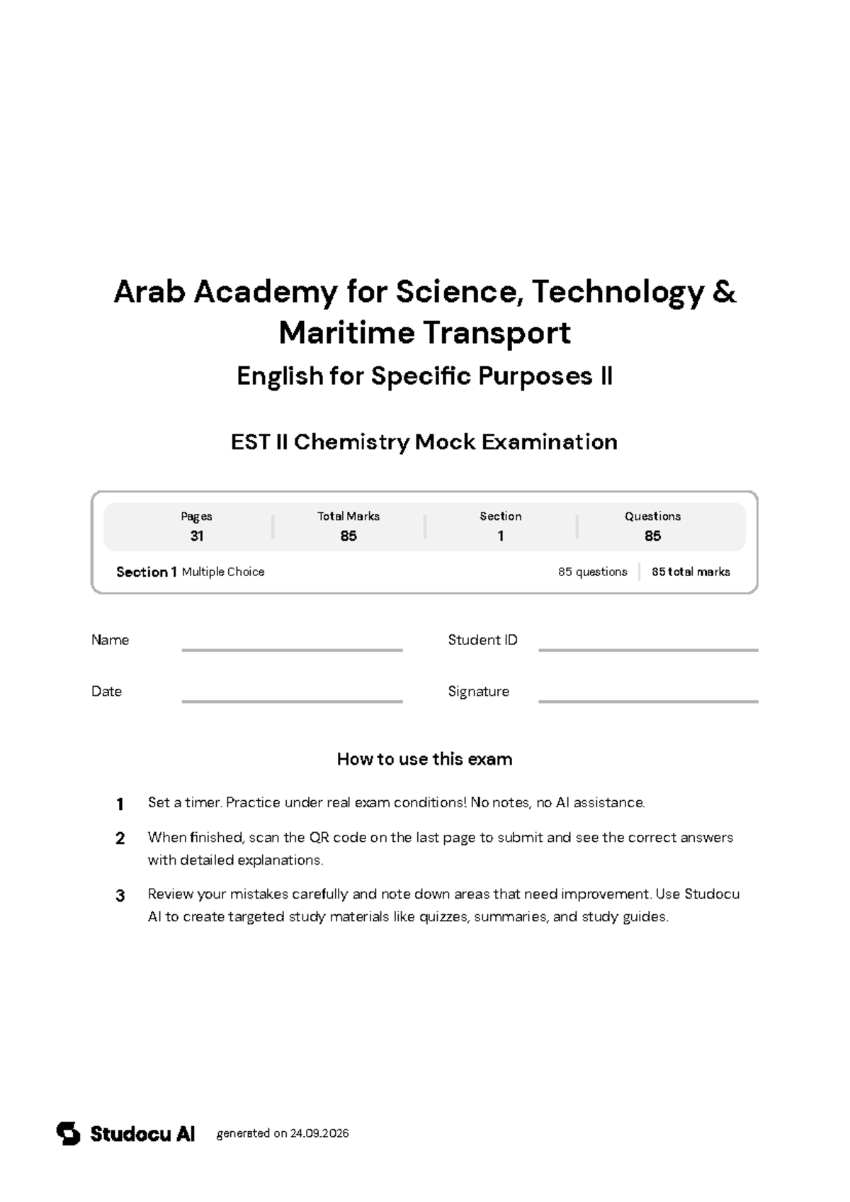 EST II Chemistry Mock Examination - Studocu