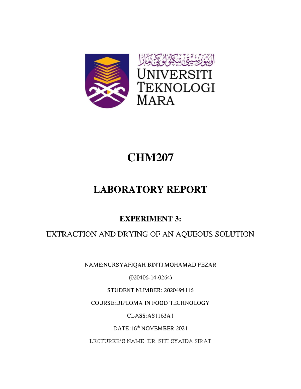 CHM207 Experiment 3 (2021) - CHM LABORATORY REPORT EXPERIMENT 3 ...