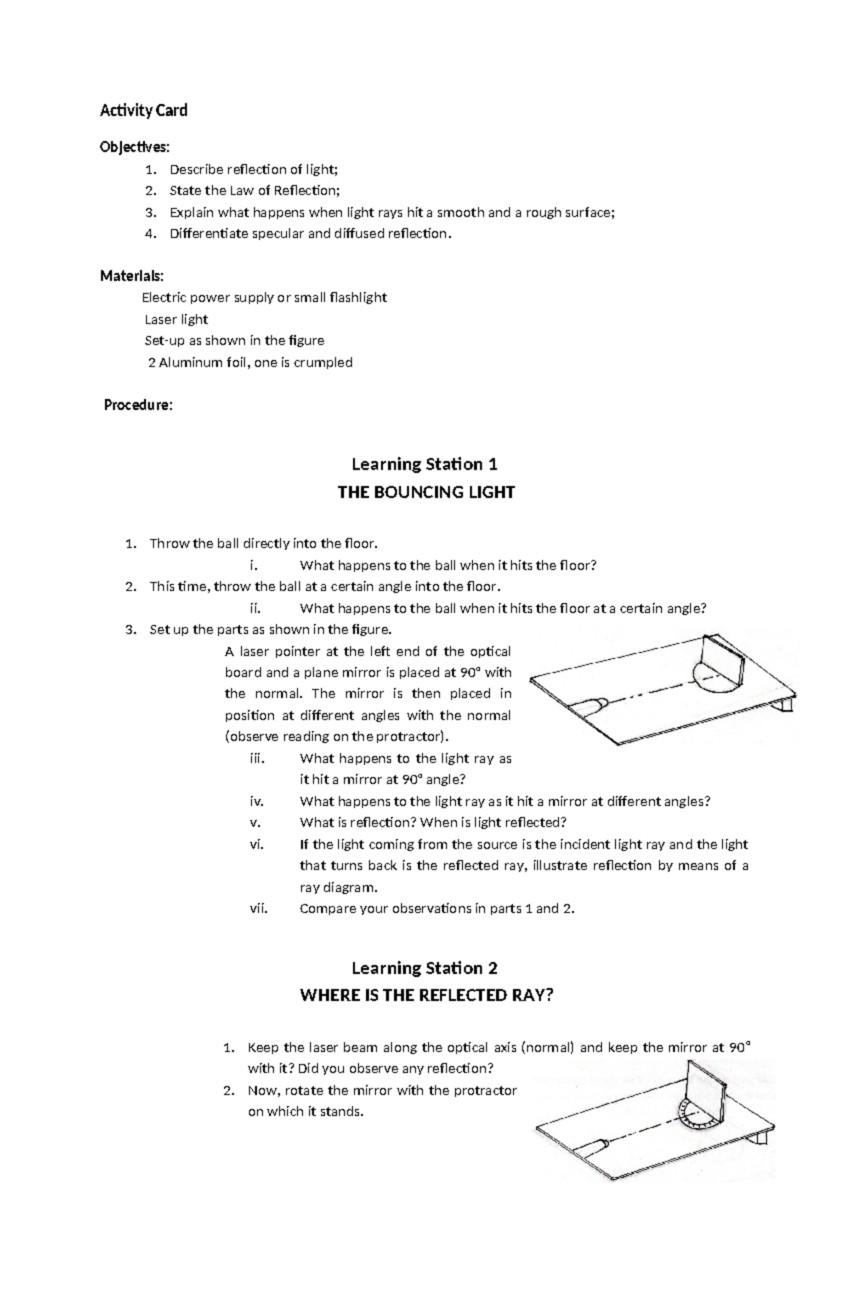Activity Card: Reflection of Light Concepts and Experiments - Studocu