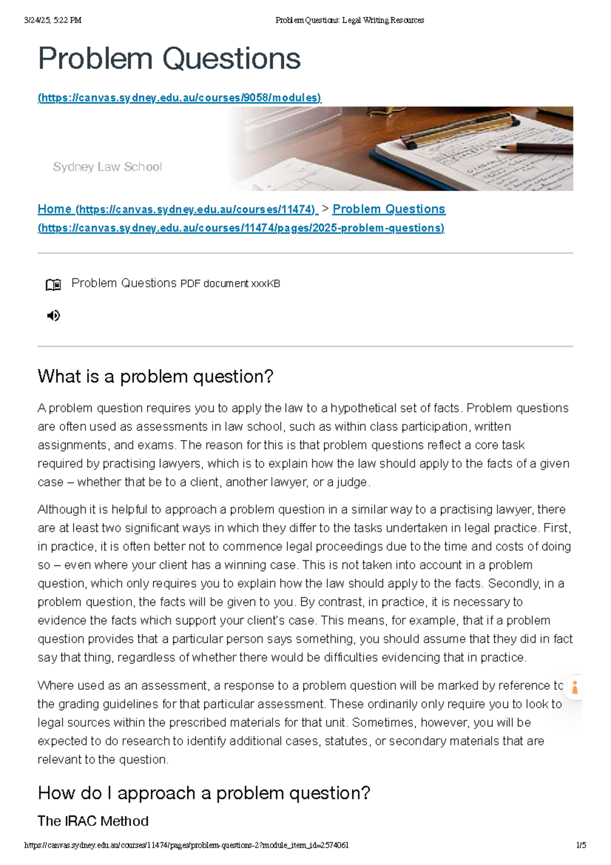 Sydney Law School: Problem Questions Legal Writing Guide - Studocu