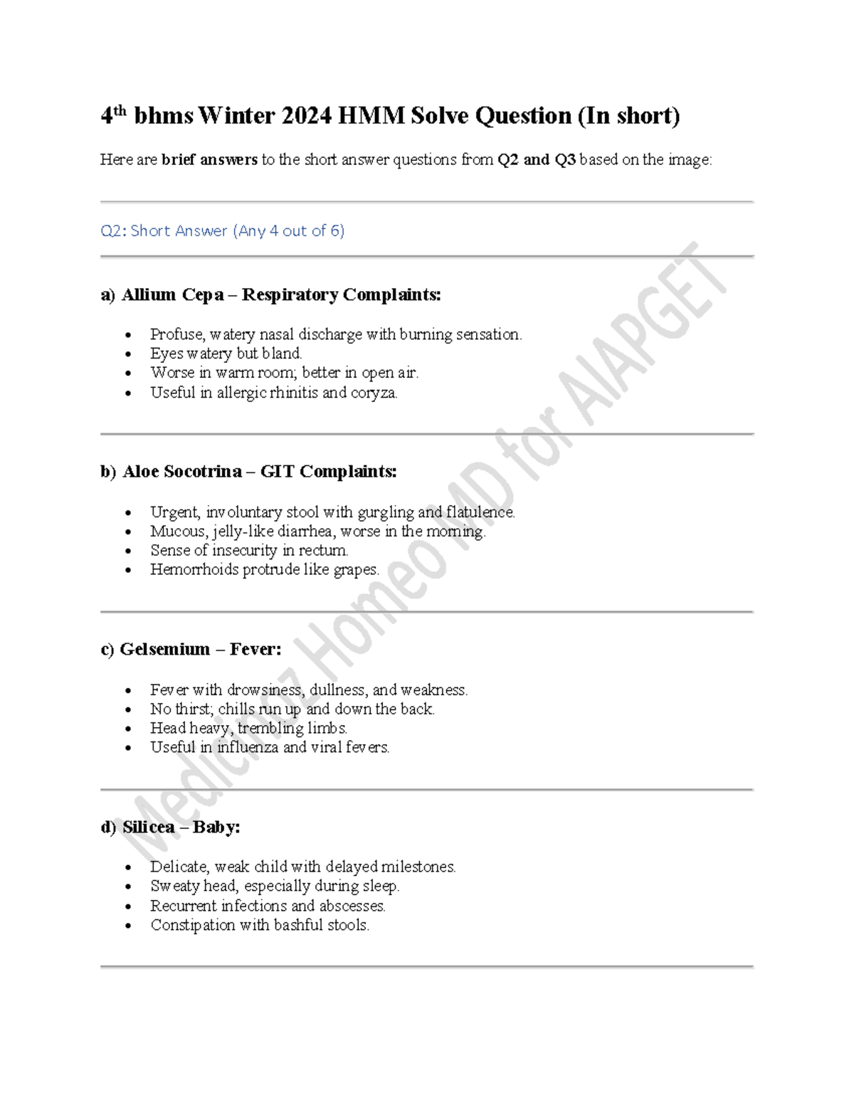 4th BHMS Winter 2024 HMM Short Answer Questions Summary - Studocu