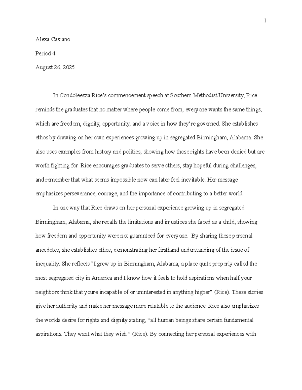 Condoleezza Rice's Commencement Speech Analysis - Period 4 - Studocu