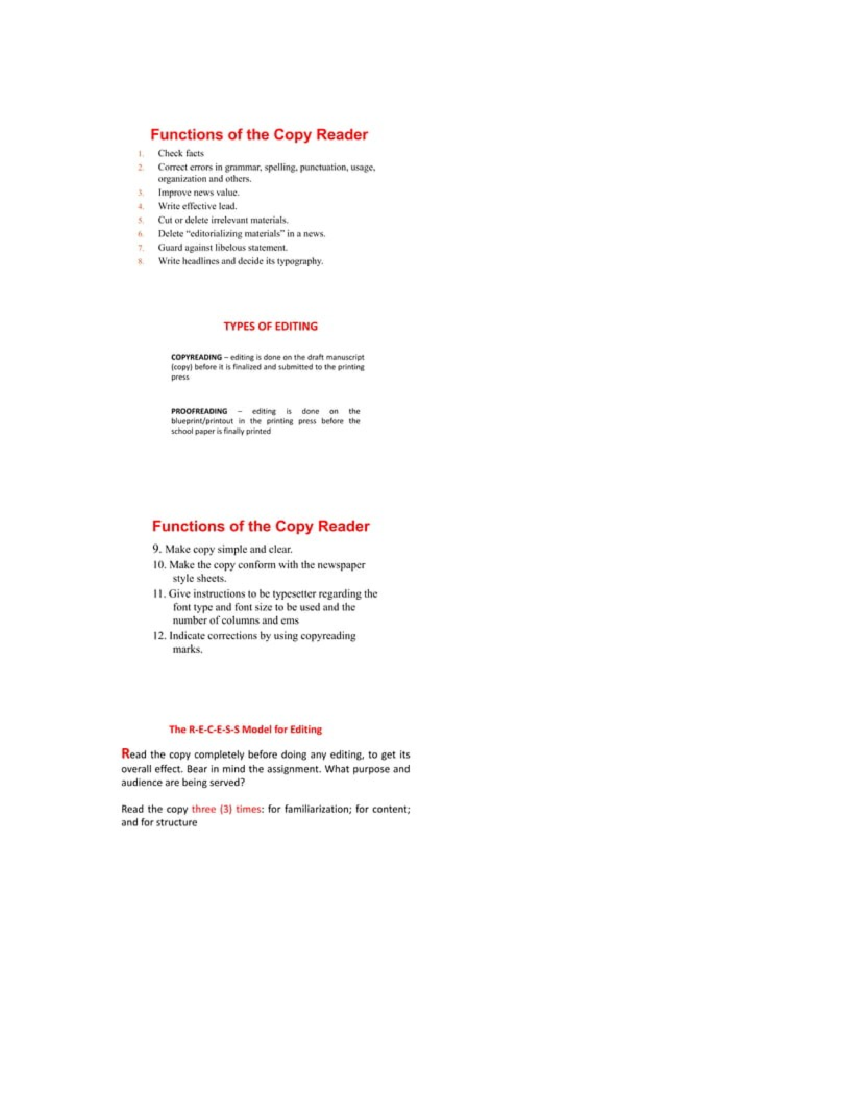 Copy reading - None - Functions of the Copy Reader I. Check facts 2 ...