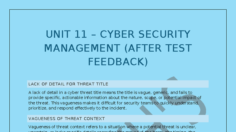UNIT 11 CYBER SECURITY MANAGEMENT: THREAT DETAIL ANALYSIS - Studocu