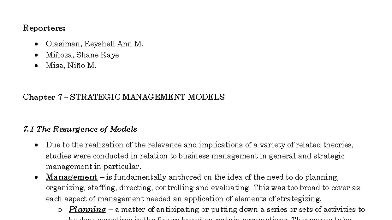 BA 316 Chapter 7 - Strategic Management Models Overview - Studocu
