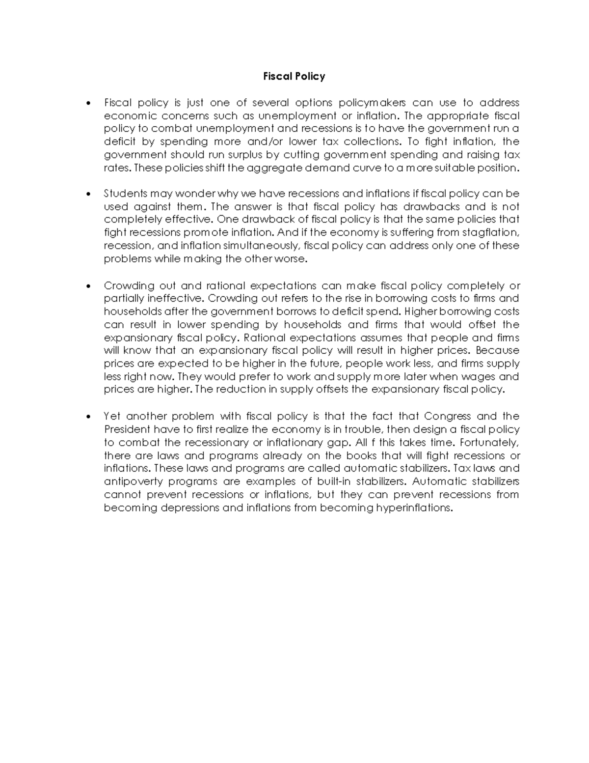 Fiscal Policy - Notes - Fiscal Policy Fiscal policy is just one of ...