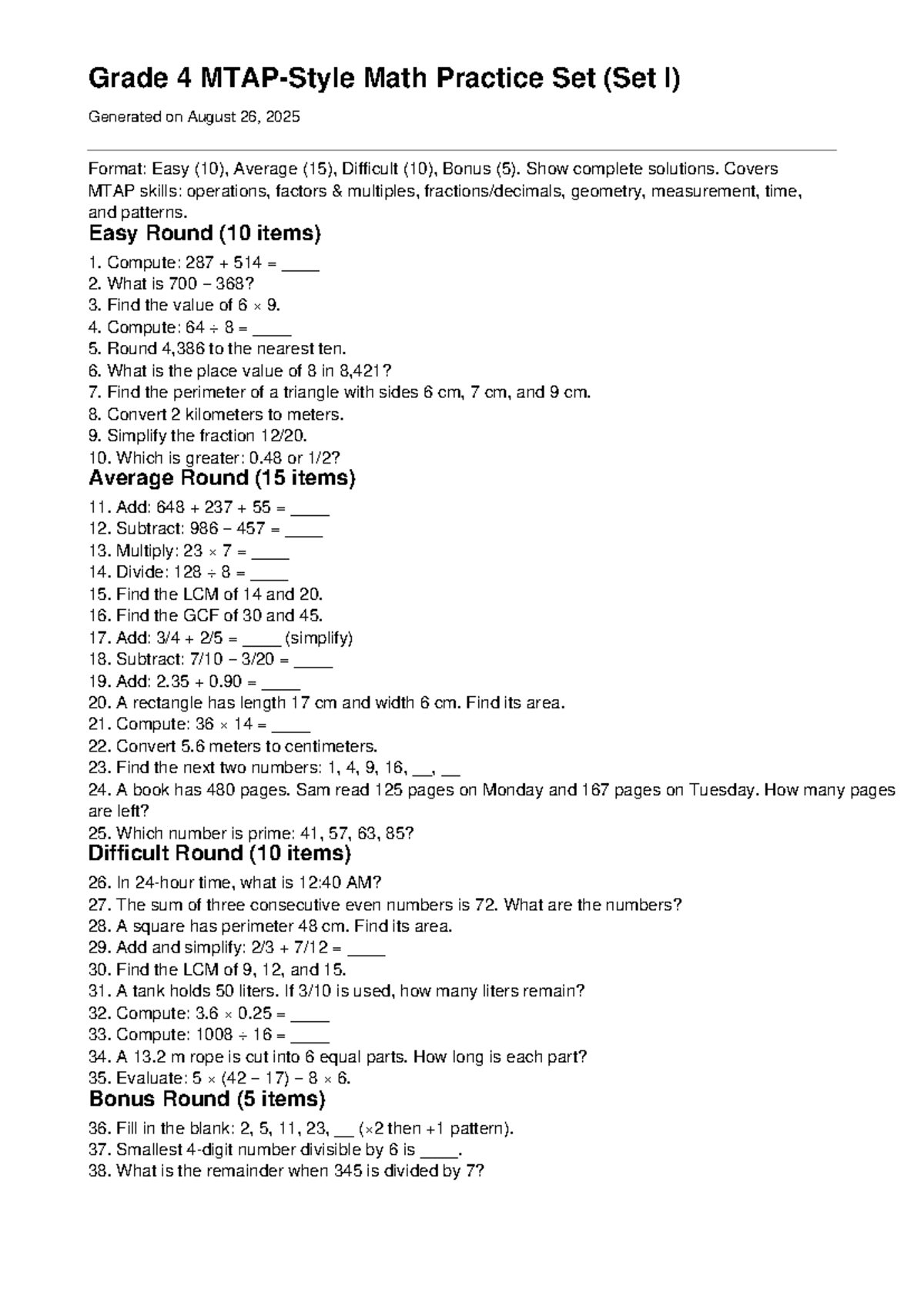 Grade 4 Math Contest Practice Set (MTAP) - Day 10 Solutions - Studocu