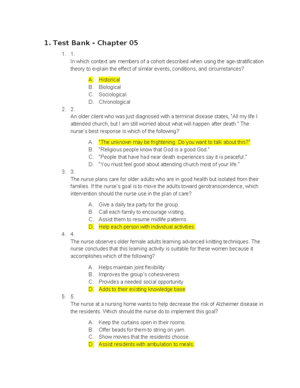 NUR 257 Unit 1 Chapter 5 Test Questions and Answers - Studocu