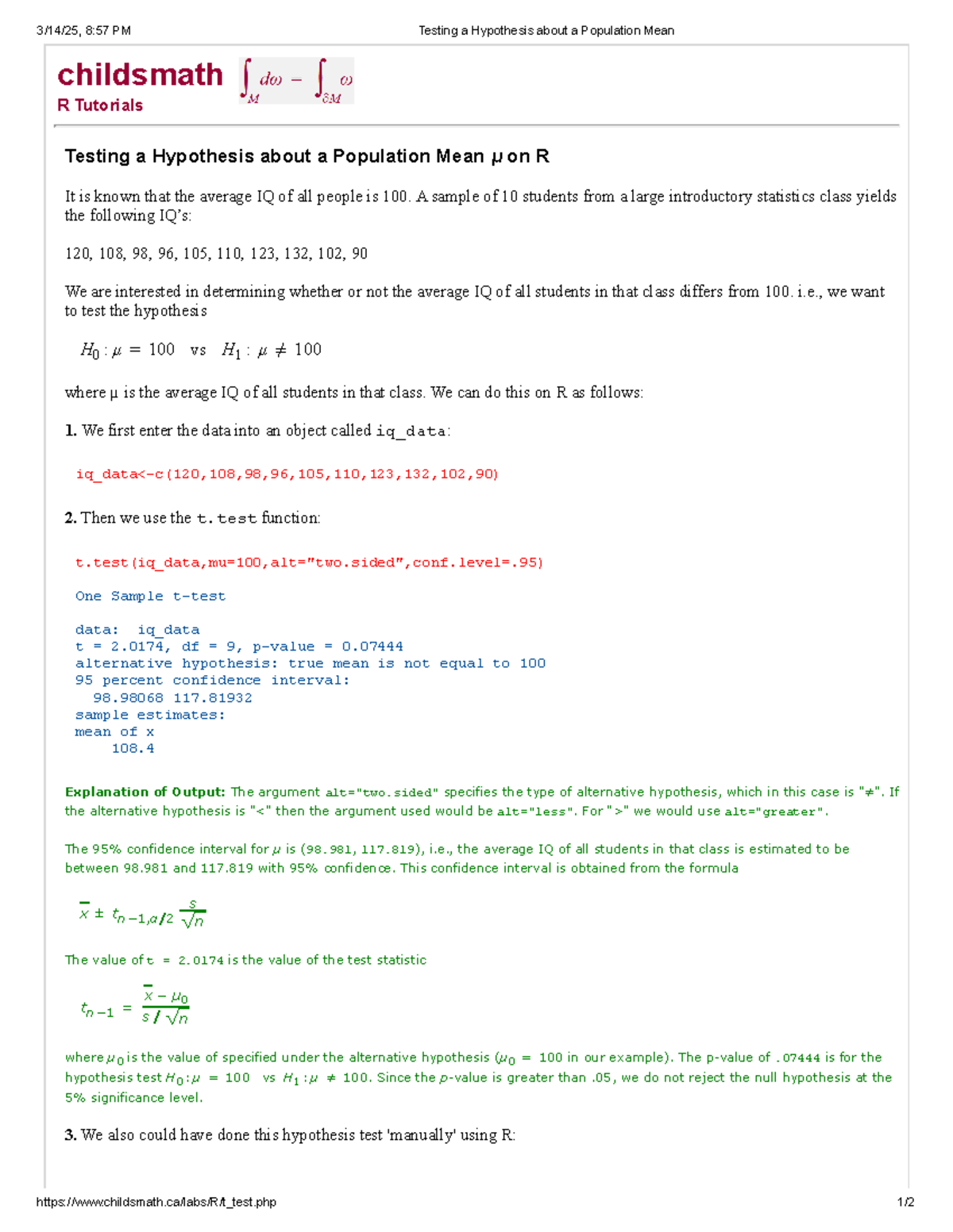 Testing a Hypothesis about a Population Mean - childsmath R Tutorials ...