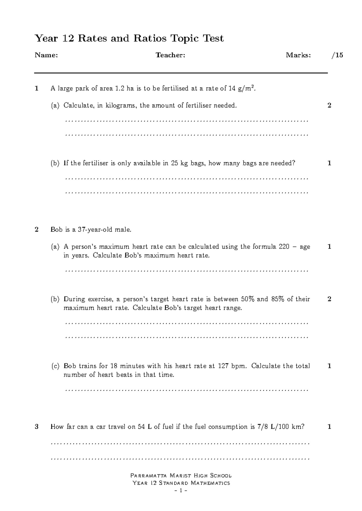 Year 12 2023 Rates and Ratios Topic Test Solutions - Studocu