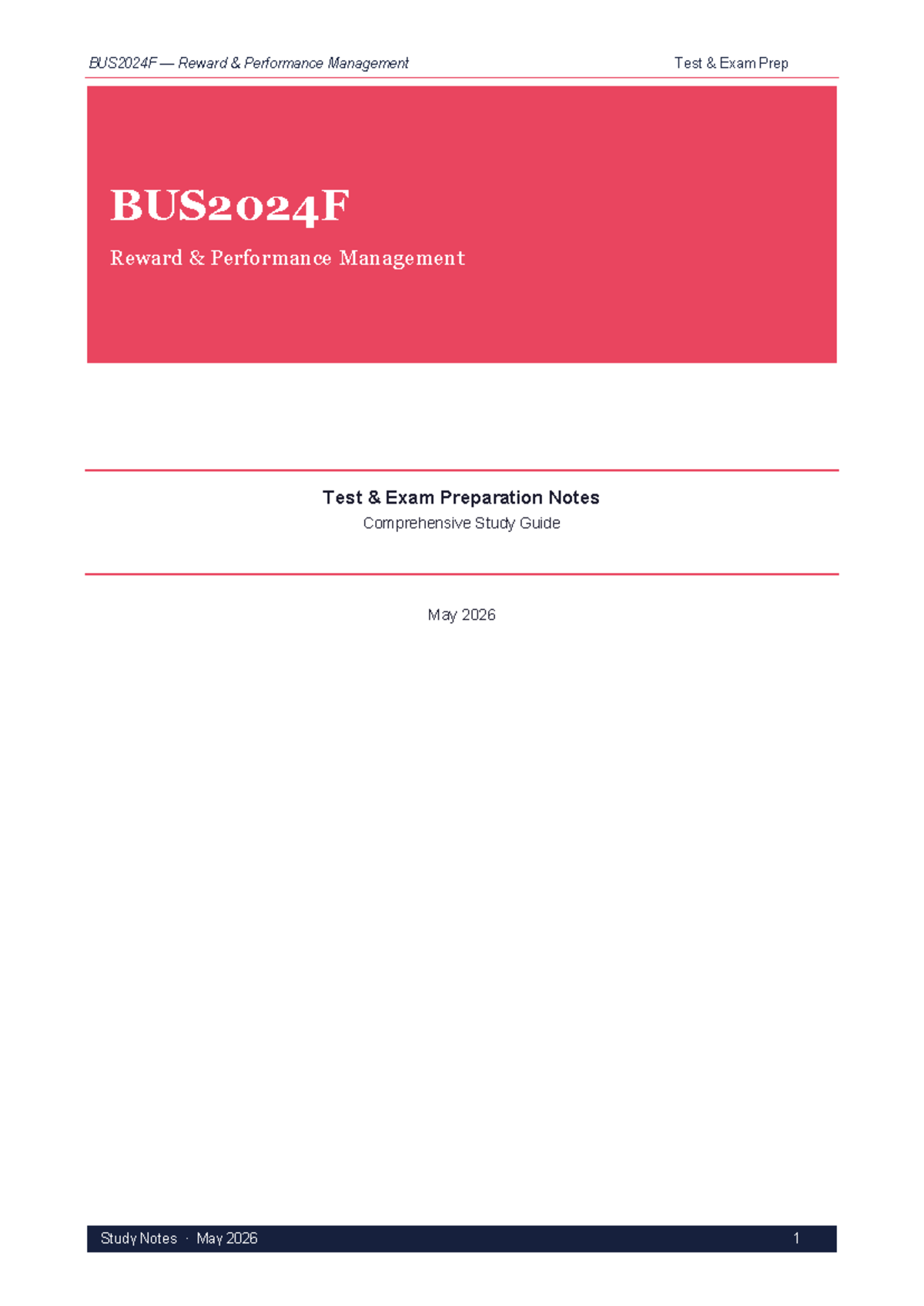 BUS2024F Reward Performance Management Test Exam Prep Study Notes - Studocu