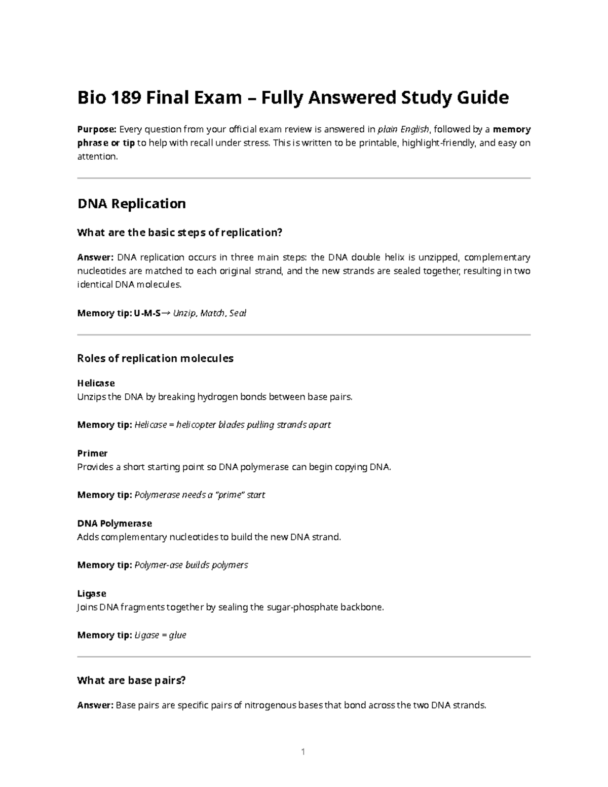 Bio 189 Final Exam – Comprehensive Memory Study Guide - Studocu
