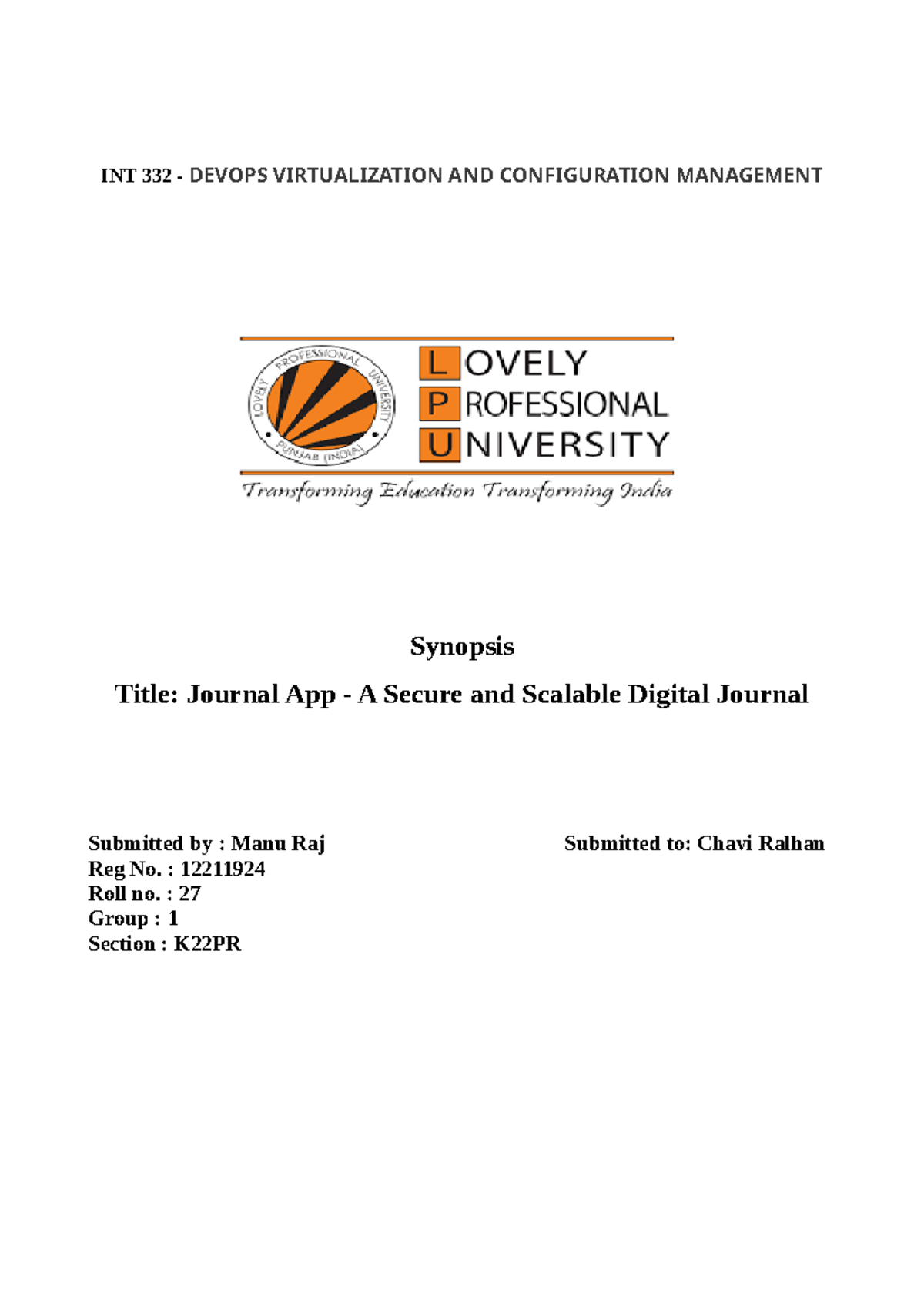 INT 332 - DevOps Journal App: Overview & Implementation Guide - Studocu