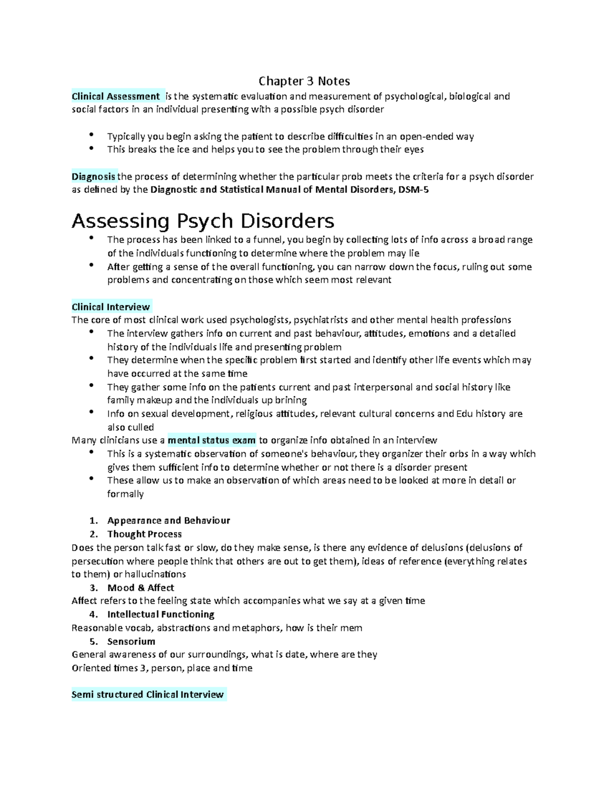 Chapter 3 Summary Notes on Clinical Assessment for PSY 101 Winter 2022 ...