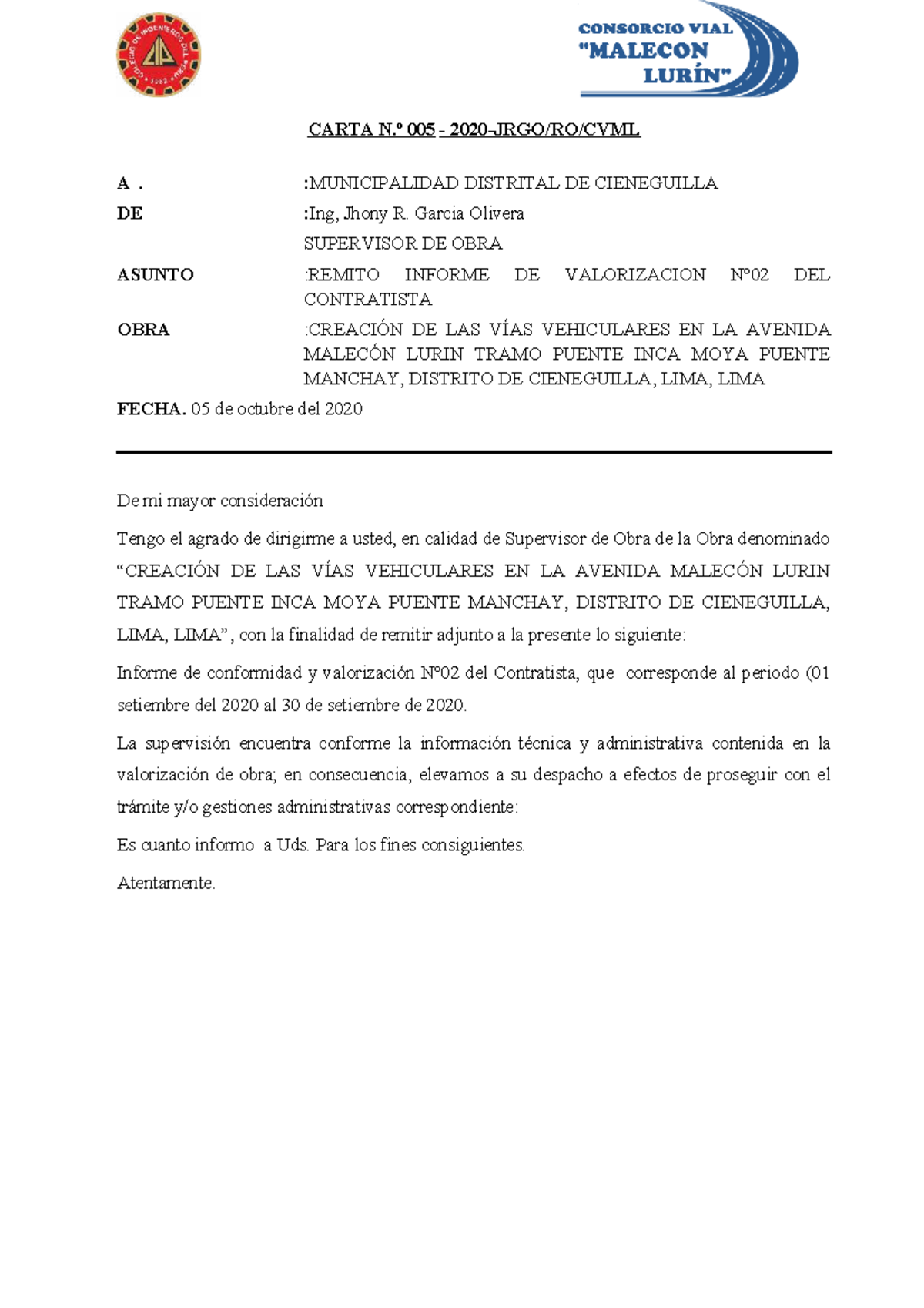 Modelo de Carta de Informe de Valorización de Obra - Supervisión - Document Preview