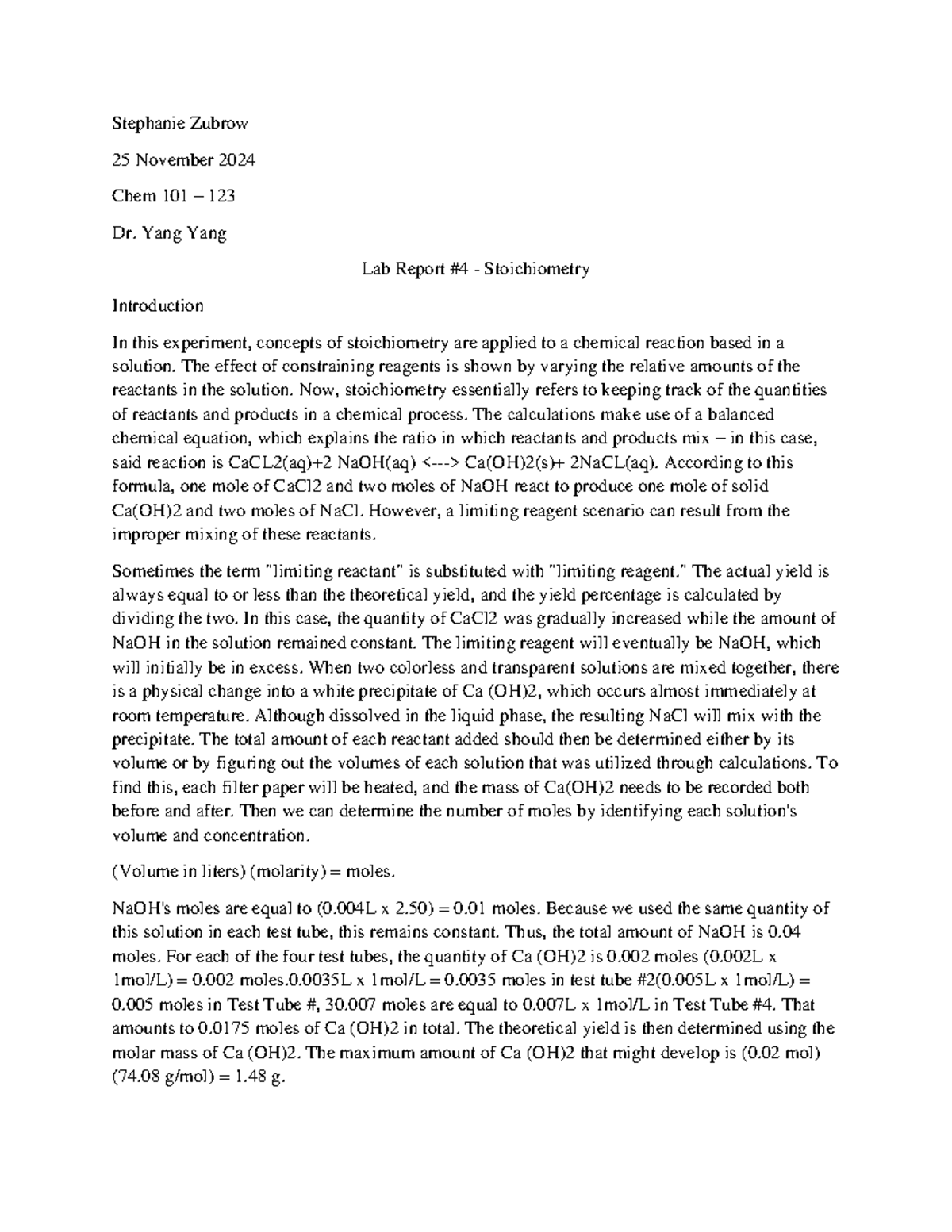 Chem 101 - Lab Report #4: Exploring Stoichiometry and Limiting Reagents ...